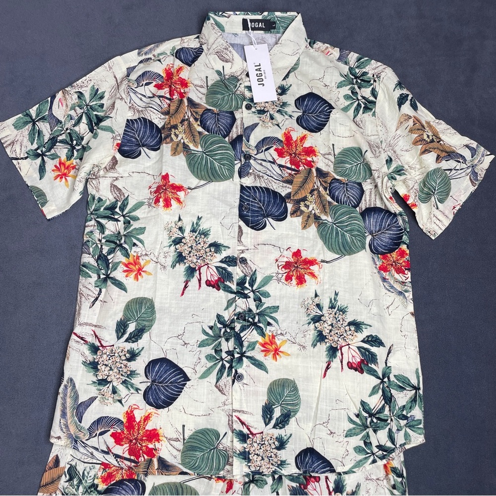 Jogal Hawaiian 2 Piece Set Shirt Shorts Floral Beach Sz L